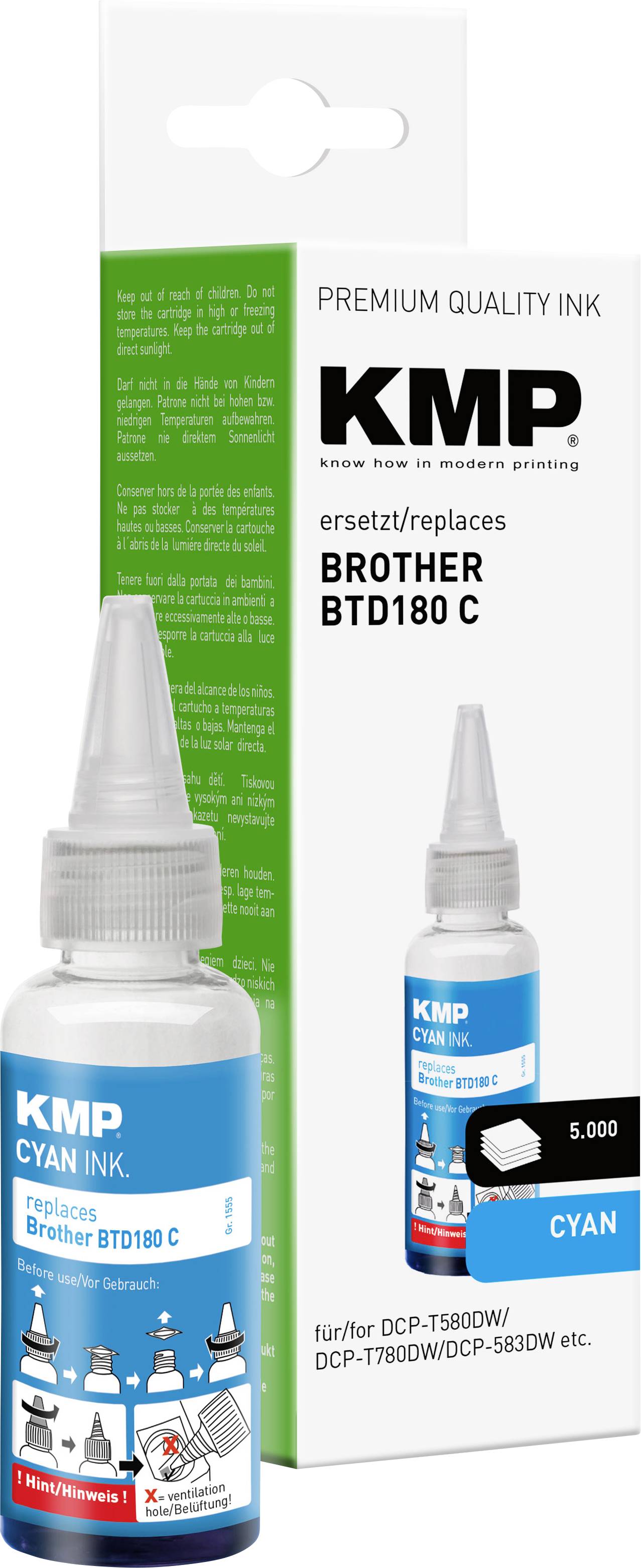 KMP Premium-Qualität Cyan-Tintenflasche und Box, gekennzeichnet zum Ersetzen von Brother BTD180 C Druckertinte.