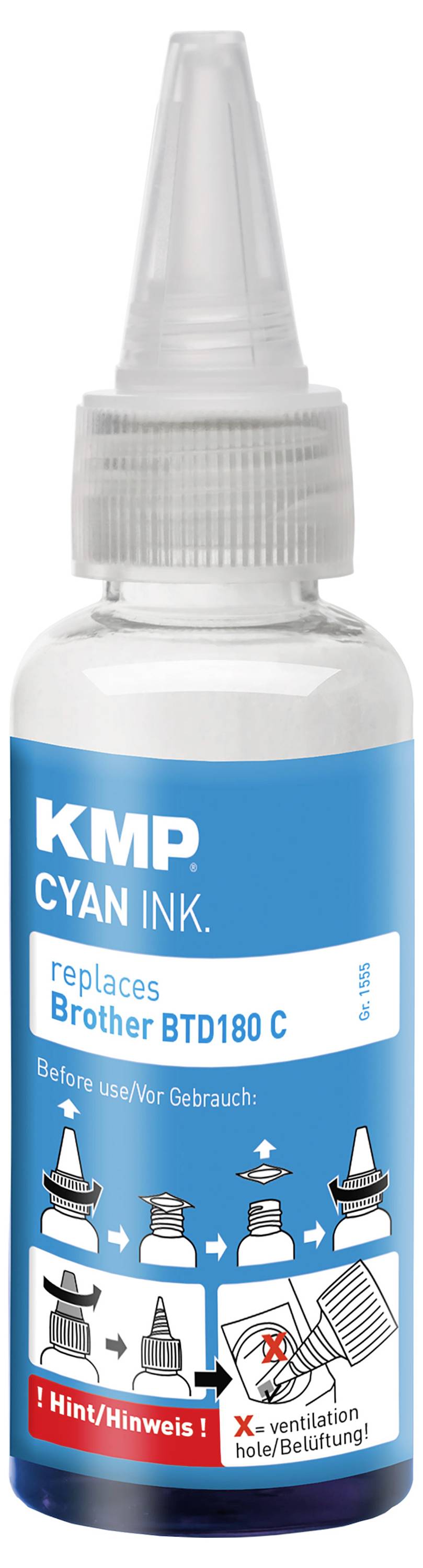 Flasche mit KMP Cyan-Tintennachfüllung für Brother-Drucker, gekennzeichnet mit '[ersetzt] Brother BTD180 C', mit Gebrauchs- und Lüftungswarnungen.