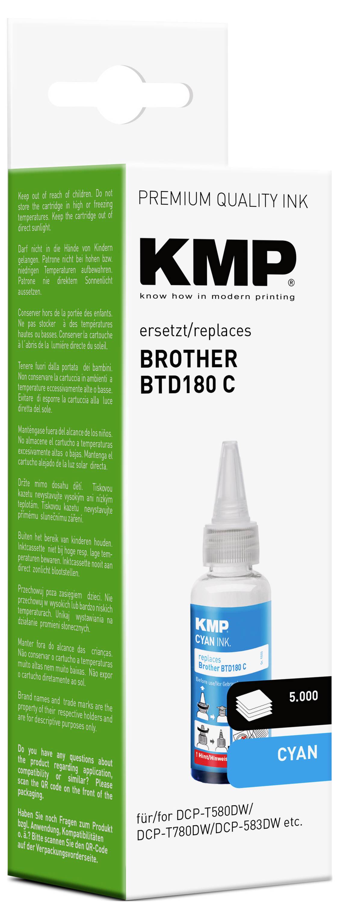 KMP Premiumqualitäts-Tintenflasche mit der Bezeichnung CYAN für Brother BTD180 C und Fujifilm/Fuji DCP-T580DW und DCP-T780DW/DCP-S830DW Drucker, 5.000 Seiten.