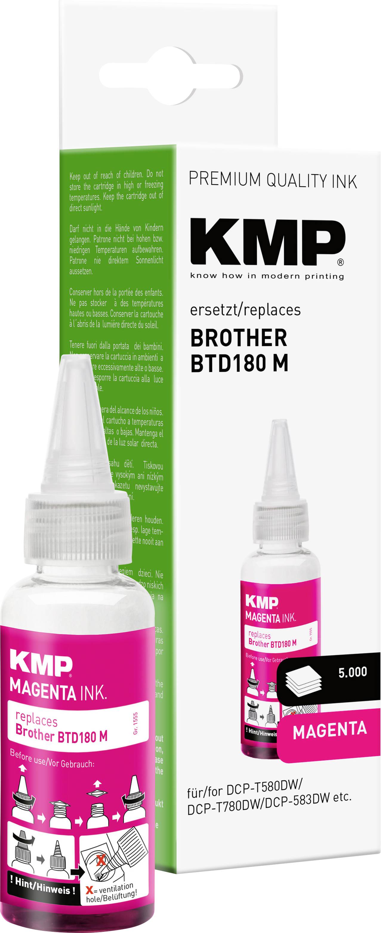 KMP Premium-Qualität Magenta-Druckertinte Flasche und Box als Brother BTD180M Ersatz, gezeigt in der Produktverpackung.