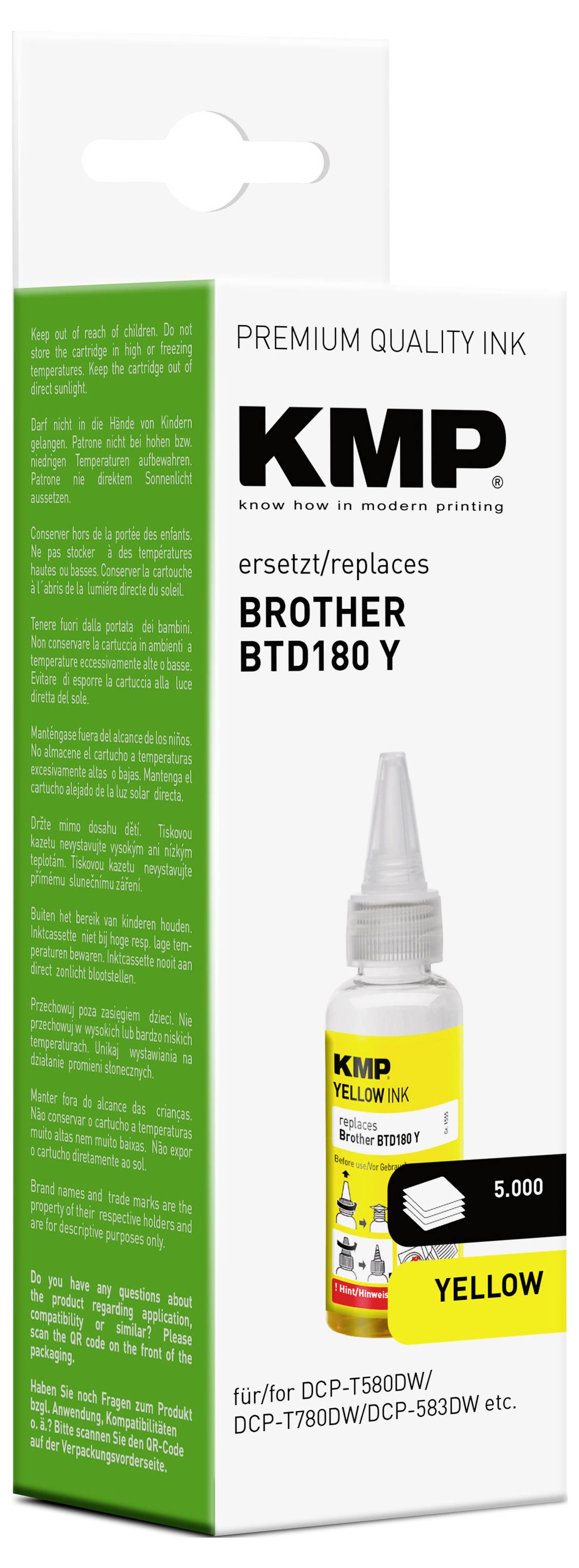 KMP Nachfülltinte ersetzt Brother BTD180Y Kompatibel Gelb 50ml 1555,0009