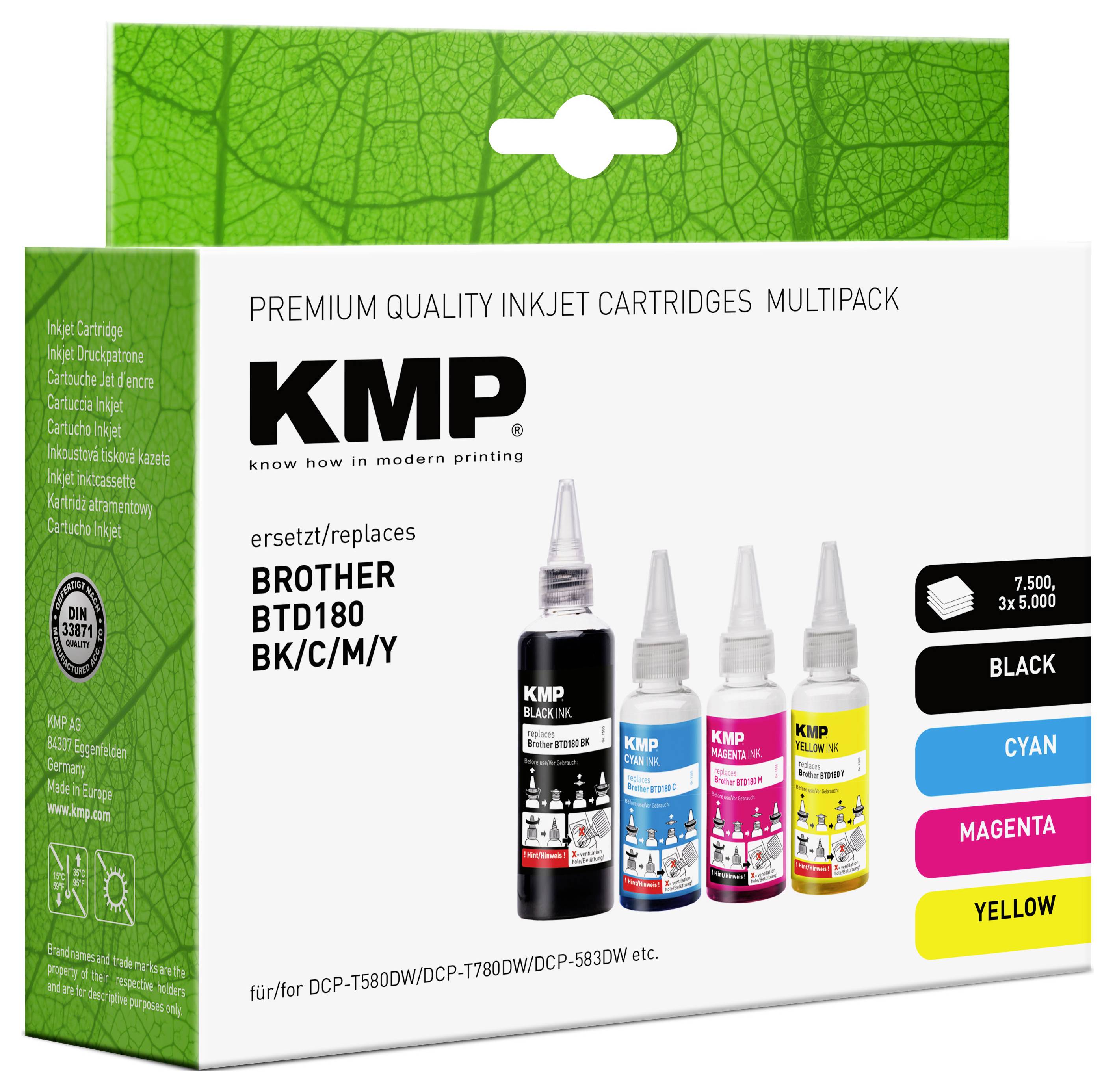 KMP Nachfülltinte ersetzt Brother BTD180BK, BTD180C, BTD180M, BTD180Y Kompatibel Kombi-Pack Schwarz, Cyan, Magenta, Gelb 110 ml