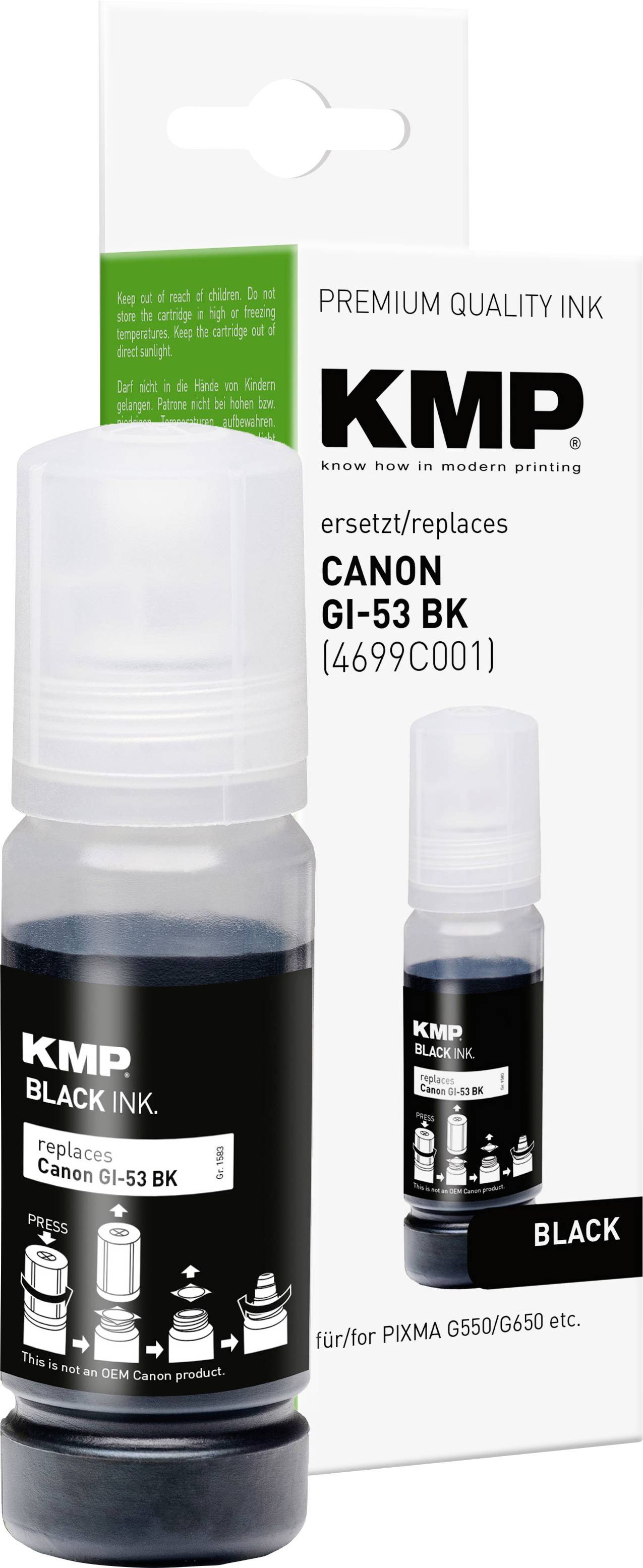 KMP schwarze Tintenflasche und Verpackung für Canon GI-53 BK kompatible Nachfüllpatrone, gekennzeichnet als Premium-Qualitäts-Tinte.