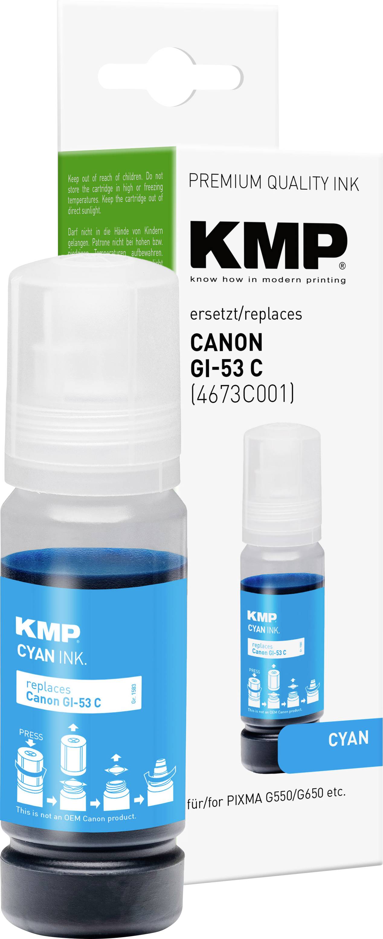 KMP Cyan-Tintenflasche und Schachtel, beschriftet mit 