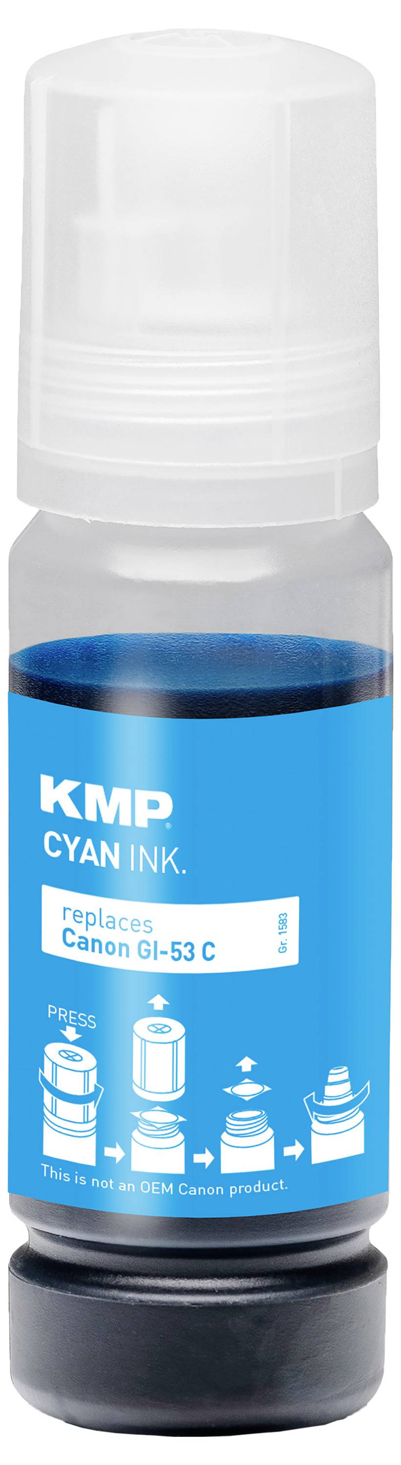 Flasche mit KMP cyan Tintennachfüllung für Canon GI-53 C, mit blauem Etikett und schwarzem Verschluss.
