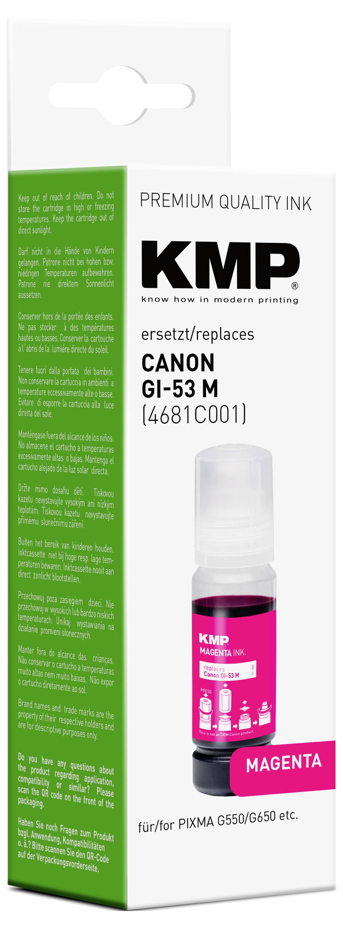 KMP Premium-Tintenpatrone in Magenta für Canon GI-53 M, ersetzt 4681C001, kompatibel mit Epson PXMA G550/G850 Druckern.