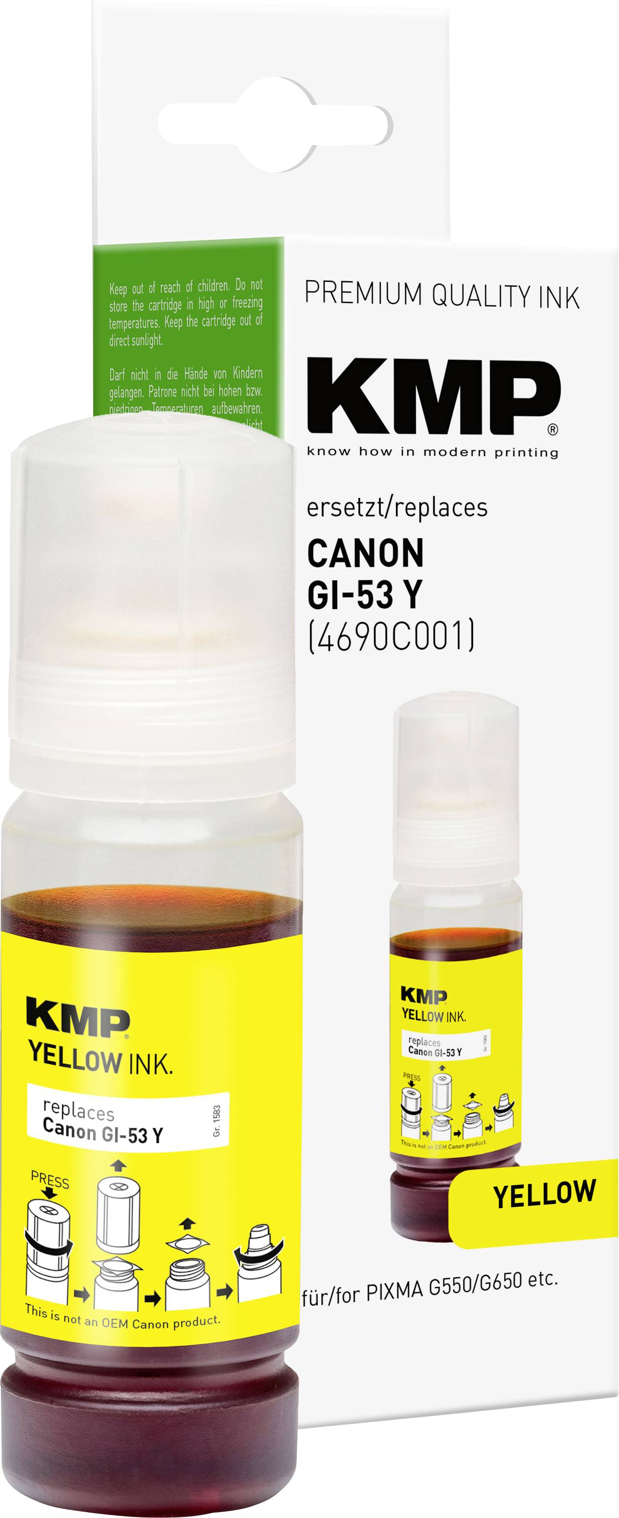 KMP Gelbertinte Nachfüllflasche für Canon GI-53 Y, abgebildet mit Verpackung mit der Beschriftung 