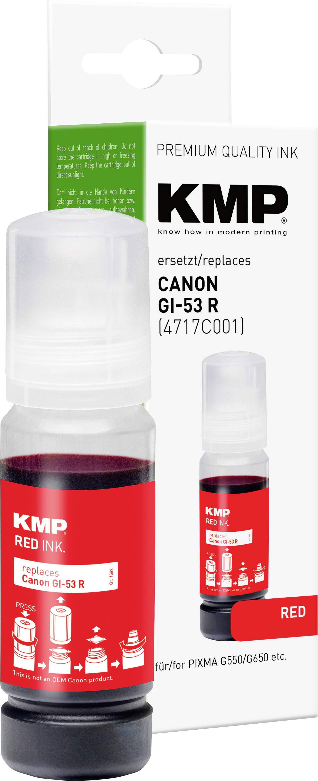 KMP Premium-Qualität rote Tintenflasche für Canon GI-53 R, gezeigt mit Produktkarton-Verpackung.