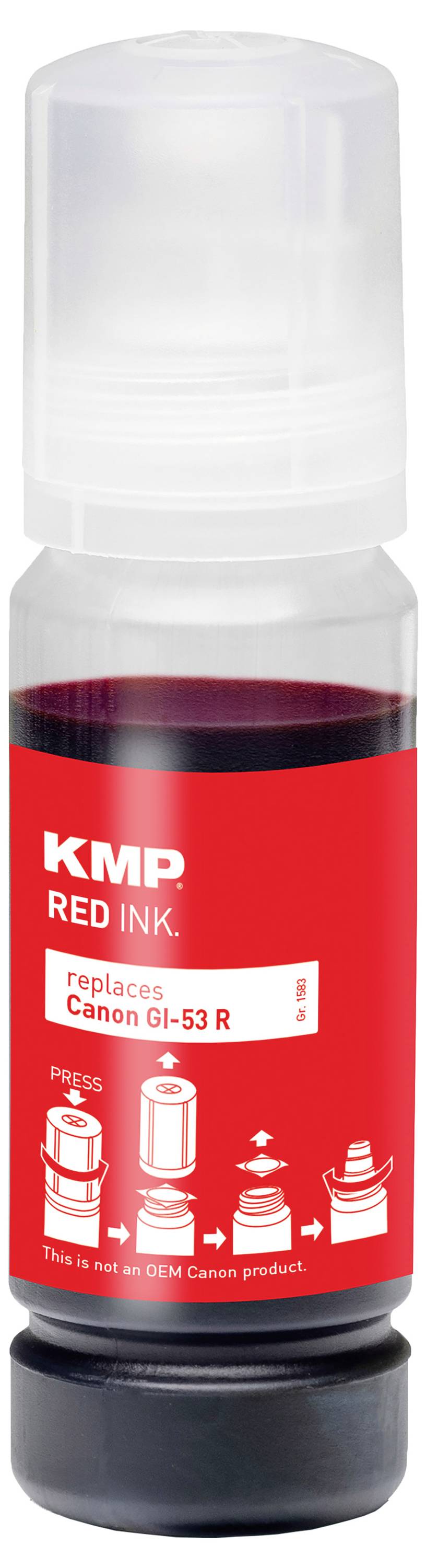 Eine rote Tintenachfüllflasche mit der Bezeichnung KMP RED INK für Canon GI-53 R, mit Anweisungen und Kompatibilitätssymbolen auf dem Etikett.