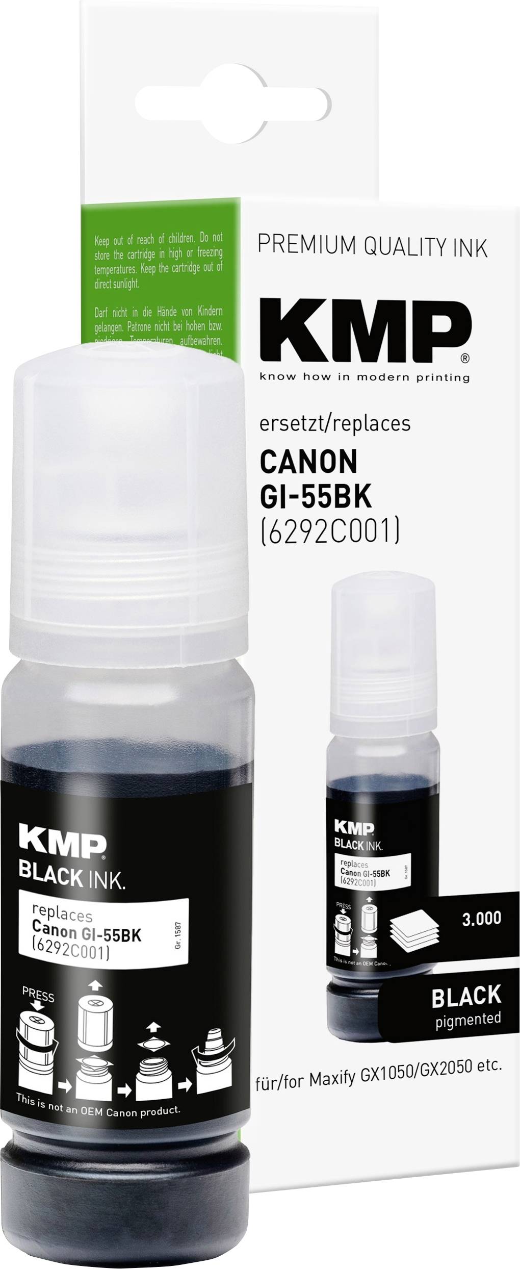KMP schwarze Tintenflasche und Schachtel, mit Etikett Premium-Qualitäts-Tinte, ersetzt Canon GI-55BK (6292C001) für Maxify GX1050/GX2050 usw.