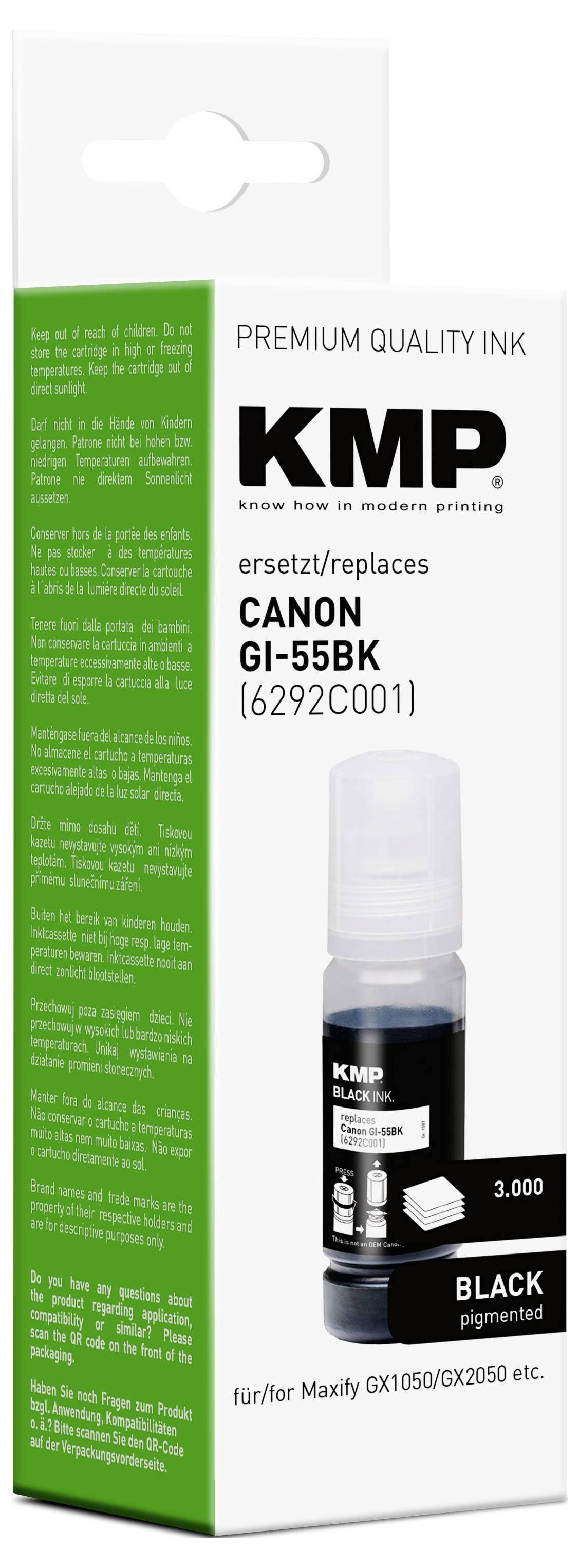 KMP-Premium-Qualität schwarze Tintenflasche, gekennzeichnet mit „Premium Quality Ink" und „Canon GI-55BK [6292C001]" für Maxify GX1050/GX2050 Drucker.