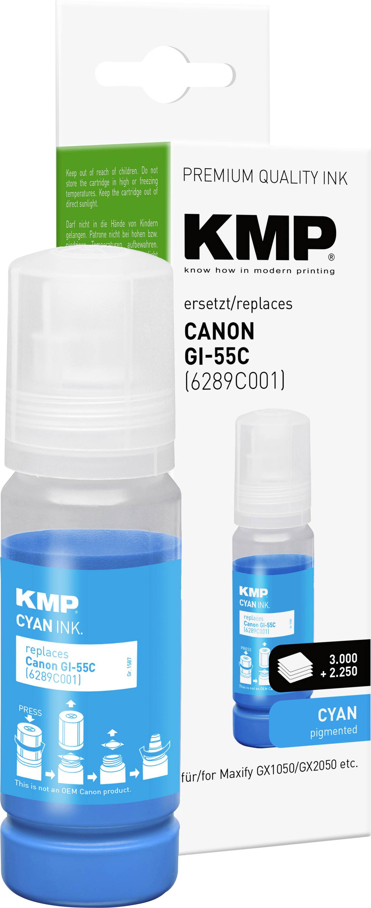 KMP Cyan-Druckertintenflasche mit Karton, gekennzeichnet als Canon GI-55C Ersatztinte, gezeigt in Produktverpackung.