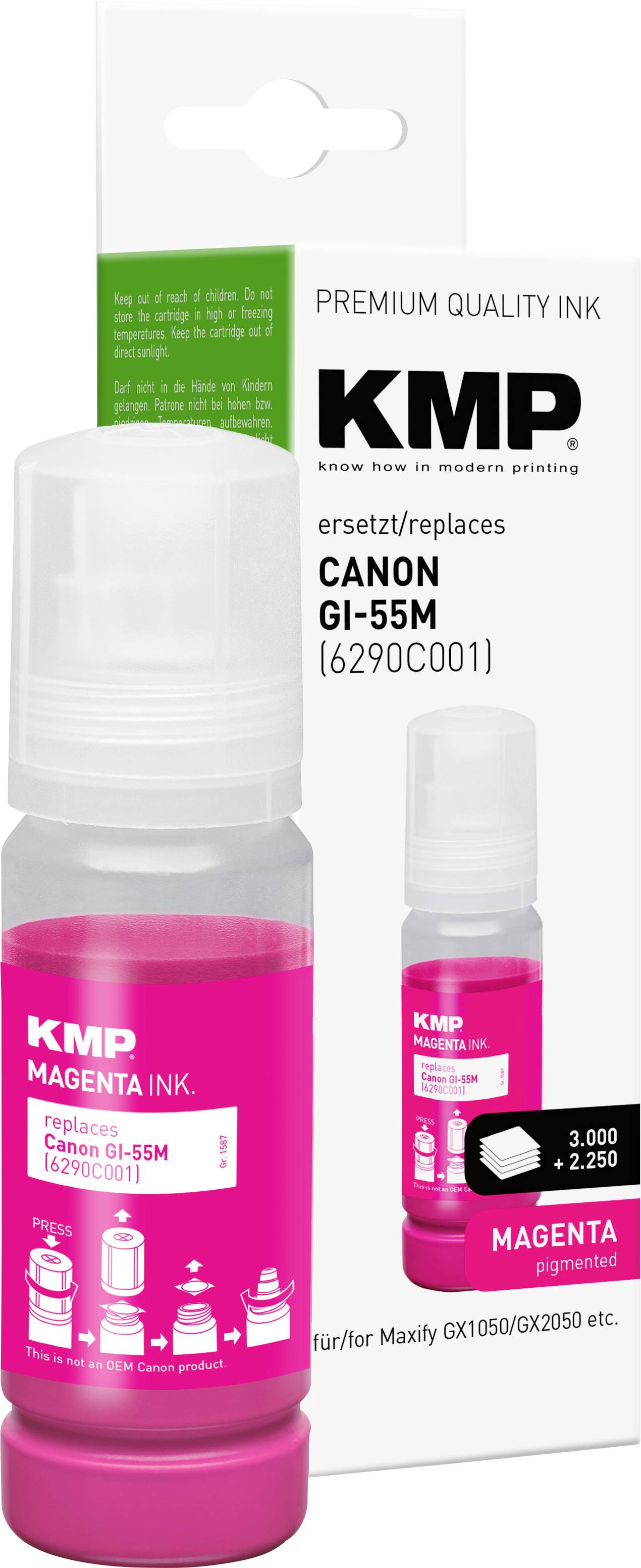 KMP Magenta-Druckertintenflasche und Schachtel mit Kennzeichnung „CANON GI-55M