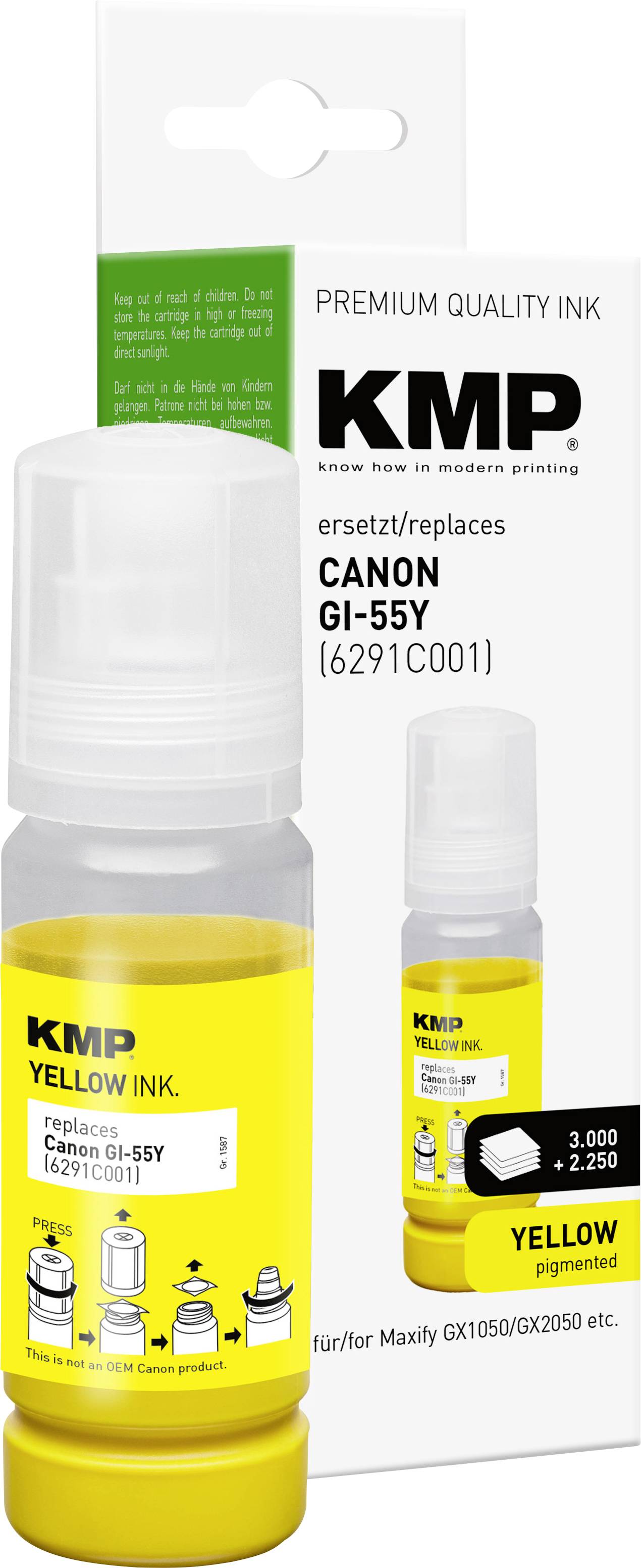 KMP gelbe Druckertinte Nachfüllflasche und Verpackung für Canon GI-55Y, gekennzeichnet als hochwertige Tinte und Ersatz für Canon GI-55Y.