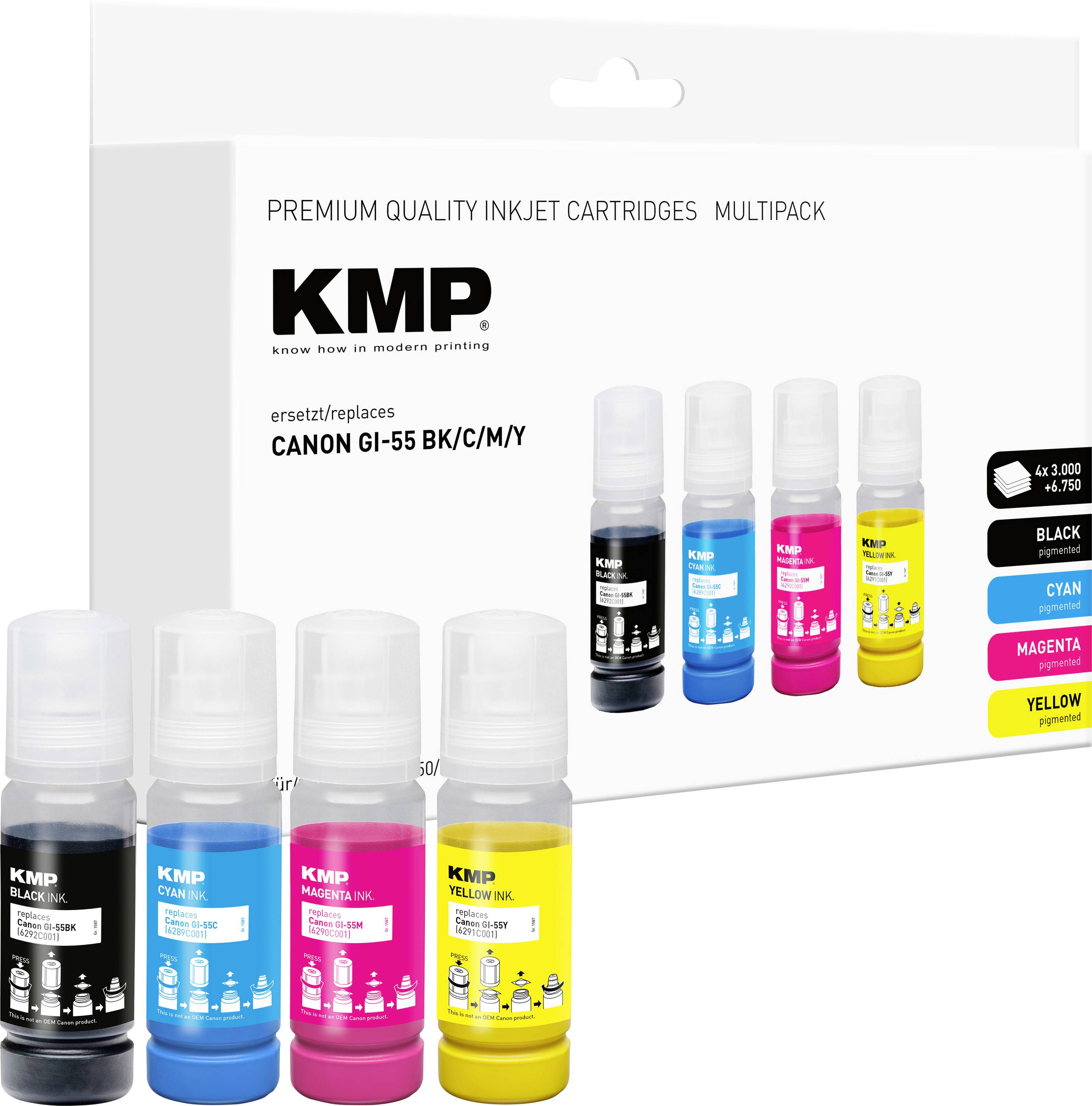 KMP Multipack Tintenpatronen für Canon GI-55 BK/C/M/Y, mit schwarzen, cyan-, magenta- und gelben Nachfüllflaschen mit Kartonverpackung.