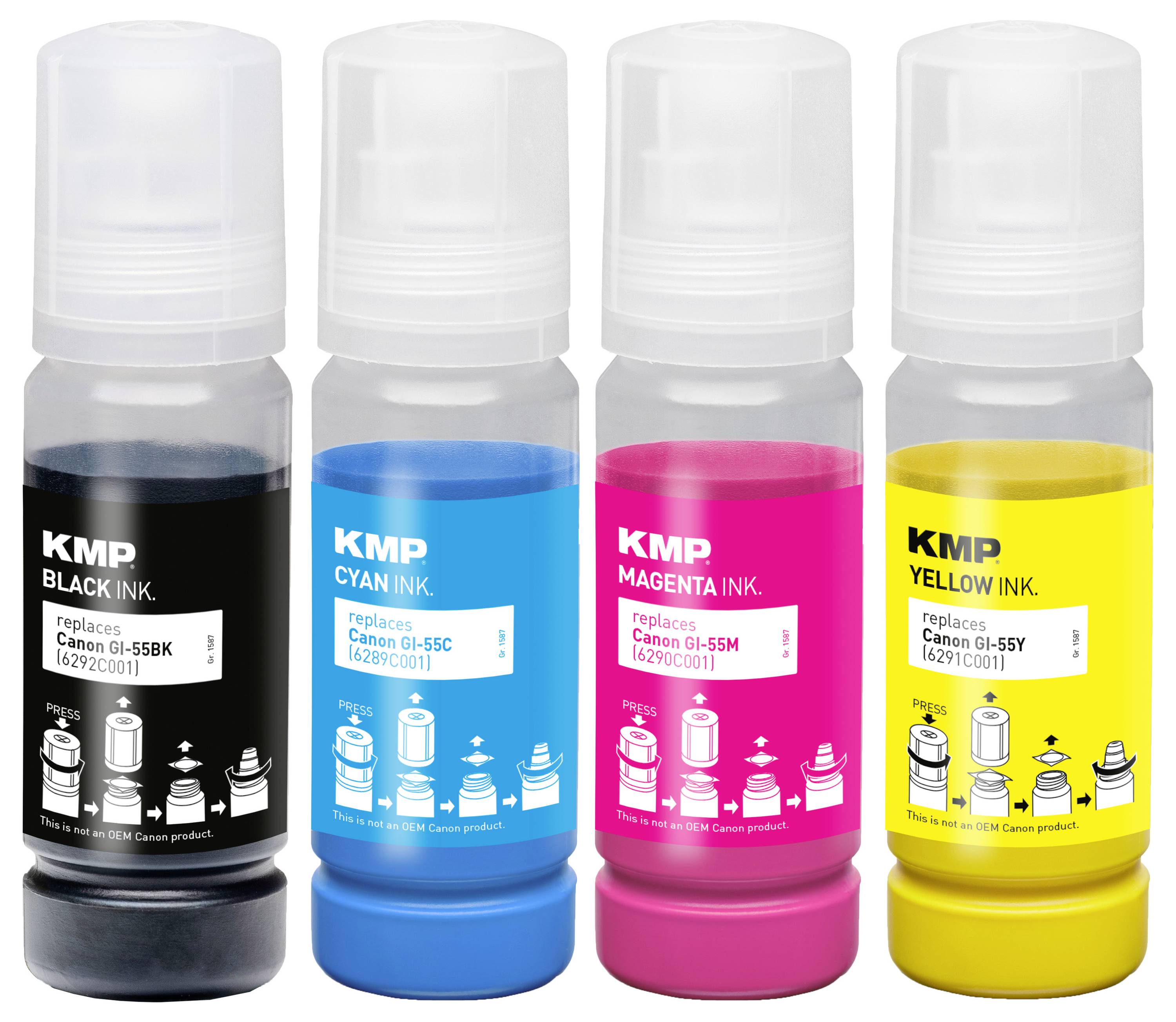 KMP Nachfülltinte ersetzt Canon GI55BK (6292C001), GI55C (6289C001), GI55M (6290C001), GI55Y (6291C001) Kompatibel Kombi-Pack