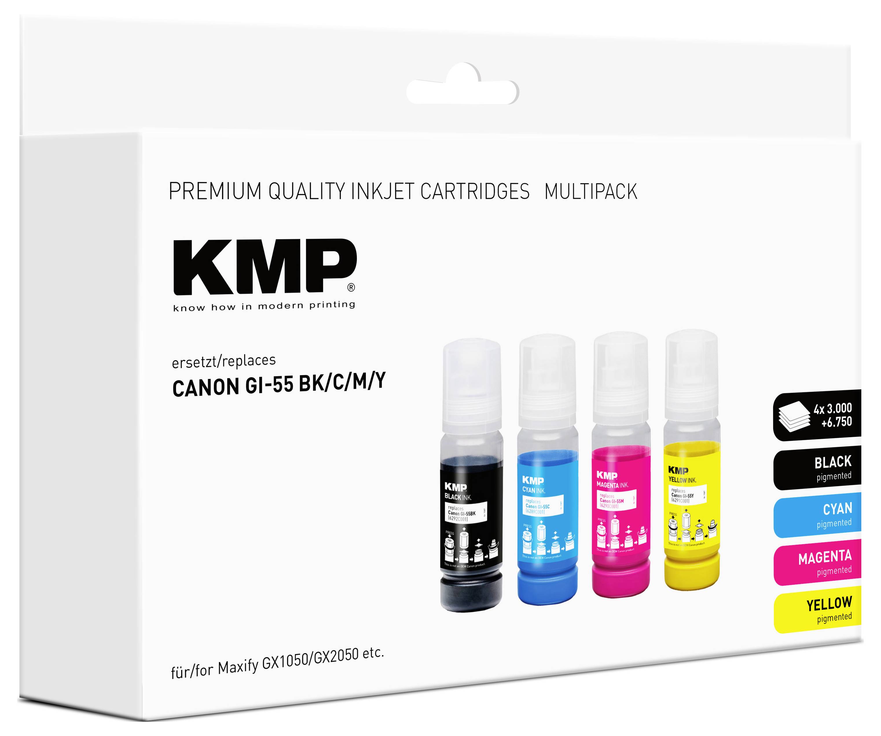KMP Nachfülltinte ersetzt Canon GI55BK (6292C001), GI55C (6289C001), GI55M (6290C001), GI55Y (6291C001) Kompatibel Kombi-Pack