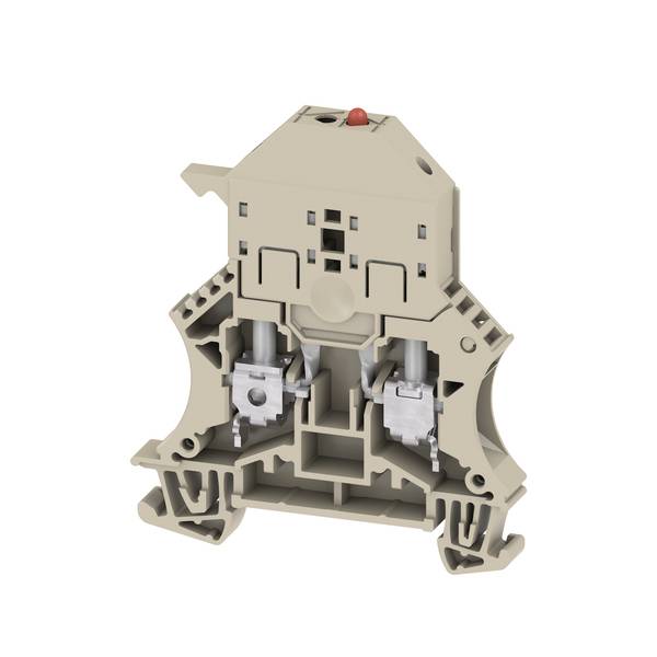 Schnittansicht eines beigefarbenen Elektroanschlussklemme mit internen Metallklemmen und einem roten Druckknopf oben.