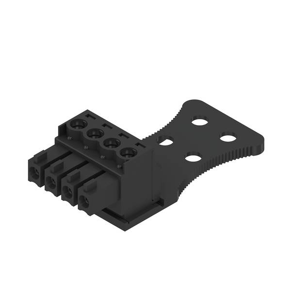 Schwarze Elektrikverbinderklemme mit mehreren Anschlussöffnungen für Drähte und Befestigungslöchern auf weißem Hintergrund.