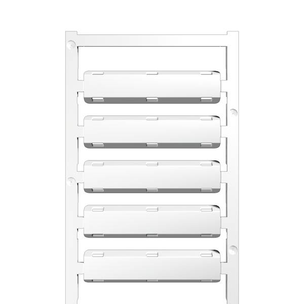Weißes fünfstöckiges wandmontiertes Regal- oder Regalsystem mit horizontalen Latten und Seitenstützen, frontal auf neutralem Hintergrund abgebildet.