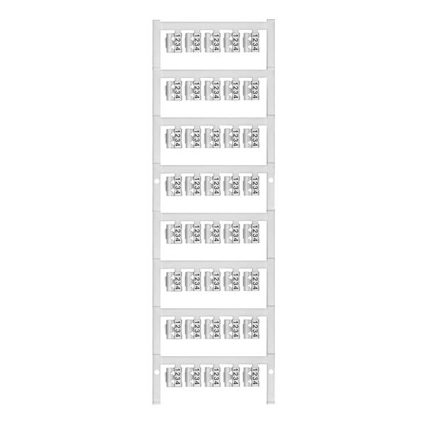 Vertikales Diagramm mit acht übereinandergestapelten Reihen von kleinen beschrifteten Blöcken, wobei jede Reihe fünf identische '1234'-Kacheln in einem schmalen grauen Rahmen zeigt.