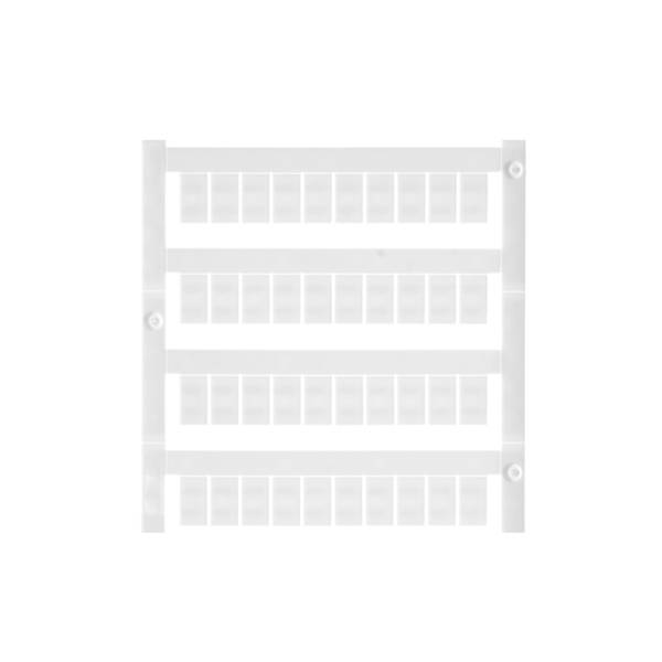Schwaches weißes rechteckiges Hardware-Panel mit vier horizontalen Reihen von kleinen fensterartigen Schlitzen auf einfachem Hintergrund.