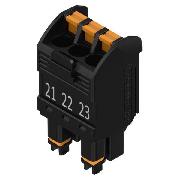 Schwarzer Elektroklemmenblock mit orangen Hebeln, gekennzeichnet mit 21, 22 und 23, in 3D auf weißem Hintergrund dargestellt.