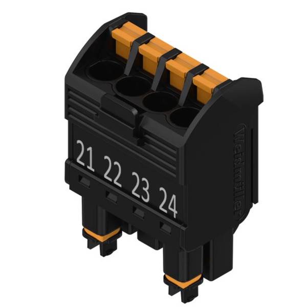 Schwarze vierpolige elektrische Steckerklemmleiste mit den Beschriftungen 21, 22, 23, 24 mit orangefarbenen Drahtklemmen und Befestigungsstiften.