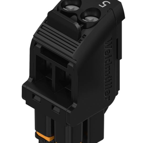 Black two-pin electrical connector terminal with screw clamp and orange release tabs, labeled 'Weidmüller' on the side.