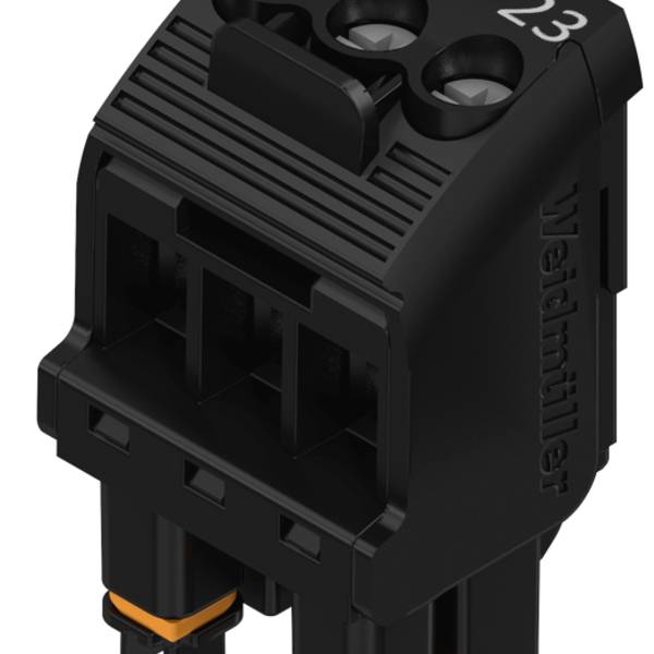 Industrielle Elektrik-Anschlussleisten-Baugruppe mit schwarzer Frontabdeckung und farbcodierten Modulen auf einer Montagebasis.