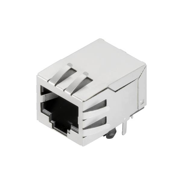 Metallischer Ethernet-Buchsenverbinder mit abgeschirmeter rechteckiger Öffnung und Befestigungsstiften auf weißem Hintergrund