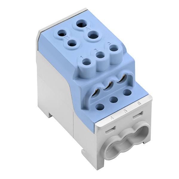 Blau-grauer Elektrostecker-Anschlussklemme mit mehreren Anschlussöffnungen für Drähte und nummerierten vorderen Anschlüssen auf weißem Hintergrund.