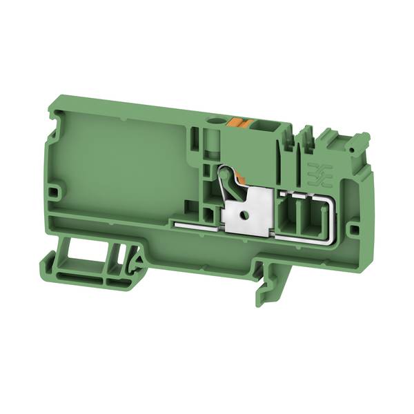 Grüner Elektrik-Klemmleistenverbinder mit innenkontakt aus Metall und Federklemme, dargestellt in Schnittansicht auf weißem Hintergrund