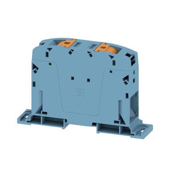 Blauer Elektro-Klemmblock mit orangefarbigen Anschlüssen auf einer Montagebasis, isoliert auf weißem Hintergrund dargestellt.