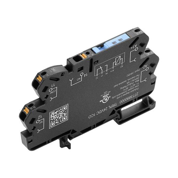 Schwarzes Elektrelais-Modul mit gedrucktem Schaltschema, QR-Code und orange/blauen Anschlüssen auf weißem Hintergrund.