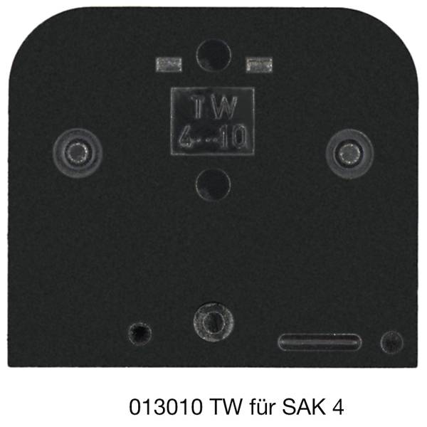 Schwarze Steckdose/Montageplatte mit mehreren Schraubenlöchern und Beschriftung „TW 4-10