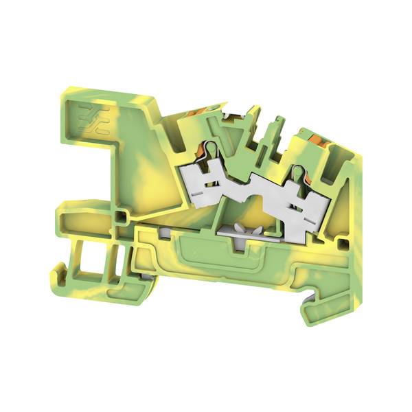 Querschnittdiagramm eines grün-gelben Elektroklemmenblocks mit inneren Federkontakten und Drähten.