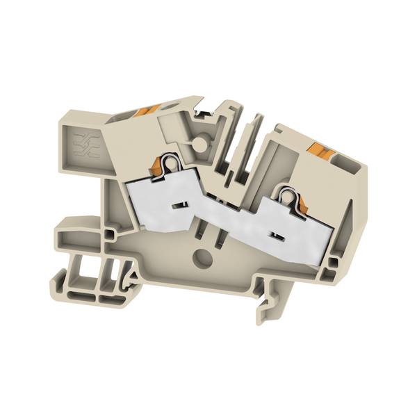 Querschnitt eines beigen Elektroanschlussblocks mit zwei Metallfedern und orangefarbenen Freigabetabs, der den internen Verdrahtungsverbindungsmechanismus zeigt.
