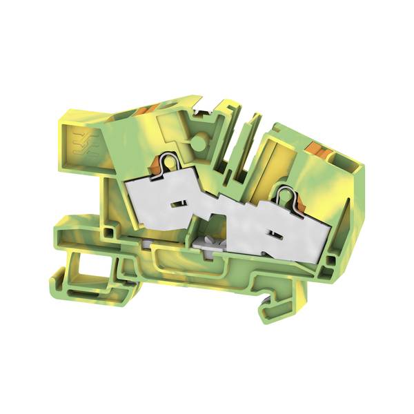 Nahaufnahme eines grünen und gelben Elektroklemmenblocks mit sichtbarem Querschnitt, der interne Metallkontaktklemmen und Drahteinführungsöffnungen zeigt.