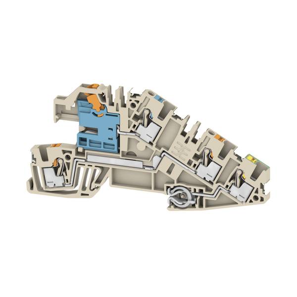 Querschnitt eines Reihenklemmen-Steckers mit internen Drahtklemmungs- und Federkontaktmechanismen in beige und blauem Gehäuse.