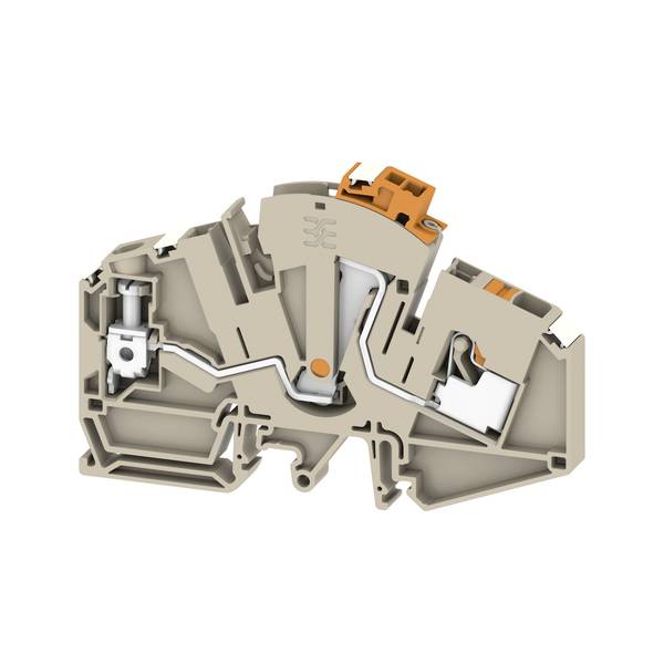 Querschnittdarstellung eines beigen Elektroklemmenblocks mit orangefarbenen Hebeln, das interne Verdrahtungskanäle und Kontaktkomponenten zeigt.