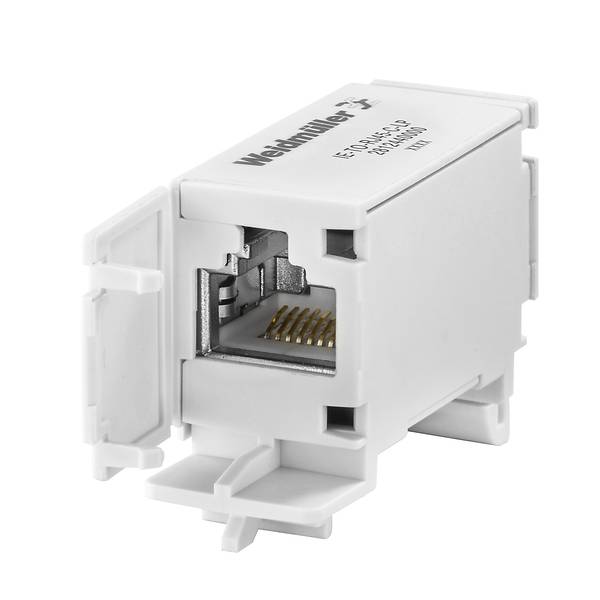 White Weidmuller Ethernet RJ45 connector module with exposed gold pins, shown on a plain white background.