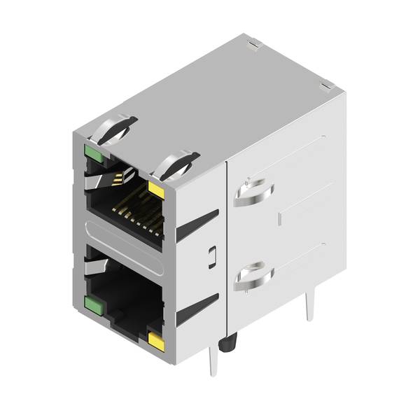 Geschirmtes RJ45-Ethernet-Buchsenmodul mit doppelt gestapelten Anschlüssen und Metallgehäuse zur Leiterplattenmontage