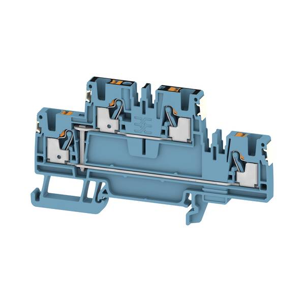 Querschnitt eines blauen Elektroklemmenblocks mit internen Metallkontakten und Drahtklemmechanismen.
