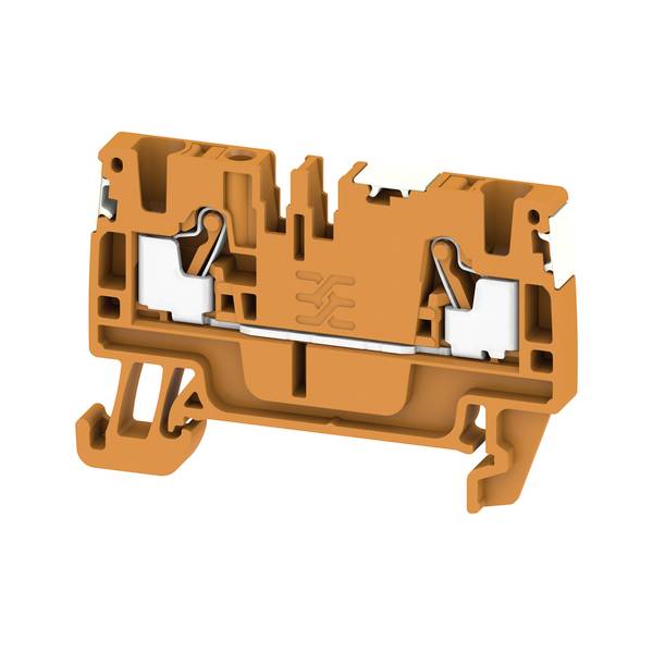 Oranges Anschlussleisten-Steckverbinder für elektrische Verbindungen im Querschnitt, mit sichtbaren internen Metallkontakten und Drahtklemmenmechanismus.