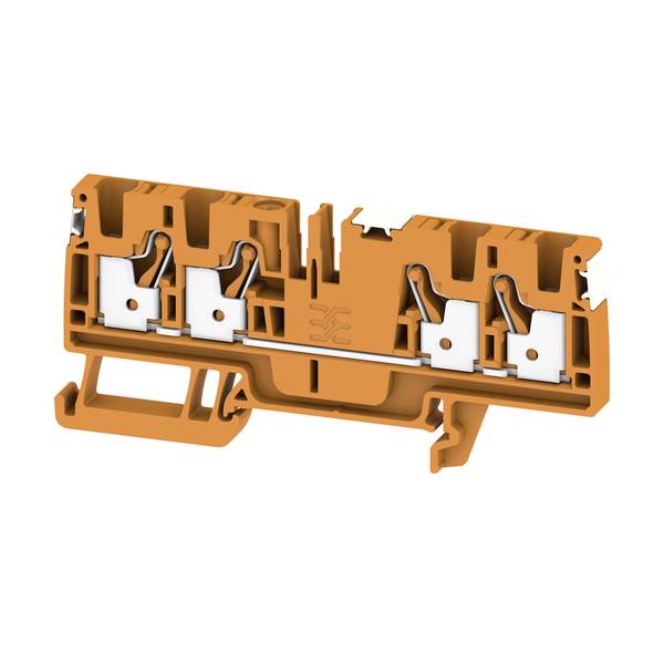 Orange-farbiger elektrischer Klemmleistenverbinder mit vier Federklemm-Anschlüssen und Montagebasis auf weißem Hintergrund.