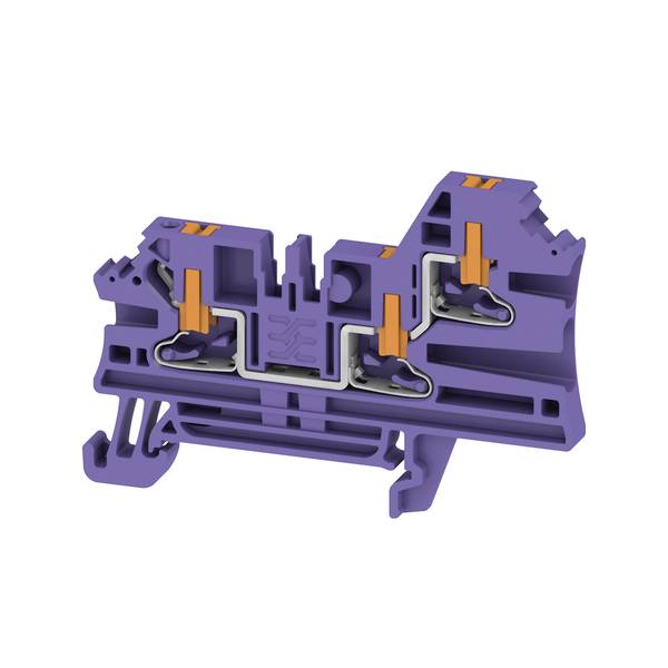 Querschnitt eines violetten Elektroklemmenblocks mit drei Drahtklemmverbindungen mit orangefarbenen Freigabehebeln und Metallkontakten.