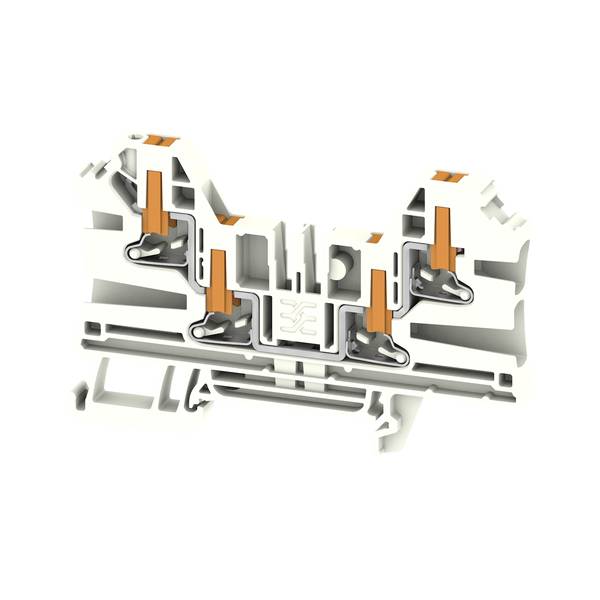 Nahaufnahme eines weißen elektronischen Steckverbinderkopfes mit einer Reihe von silbernen Metallstiften auf einfachem Hintergrund.