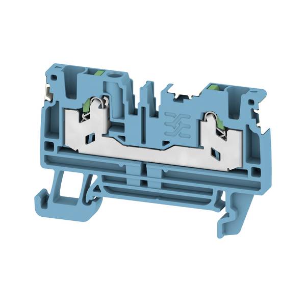 Querschnitt eines blauen elektrischen Anschlussklemmenblocks mit internen Metallfedern-Kontakten und Drahtverbindungskanälen.