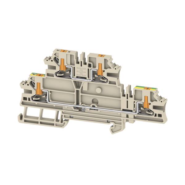 Querschnitt eines modularen elektrischen Klemmblocks mit internen Metallkonnektoren, Federklemmen und Drahteinführungsöffnungen.